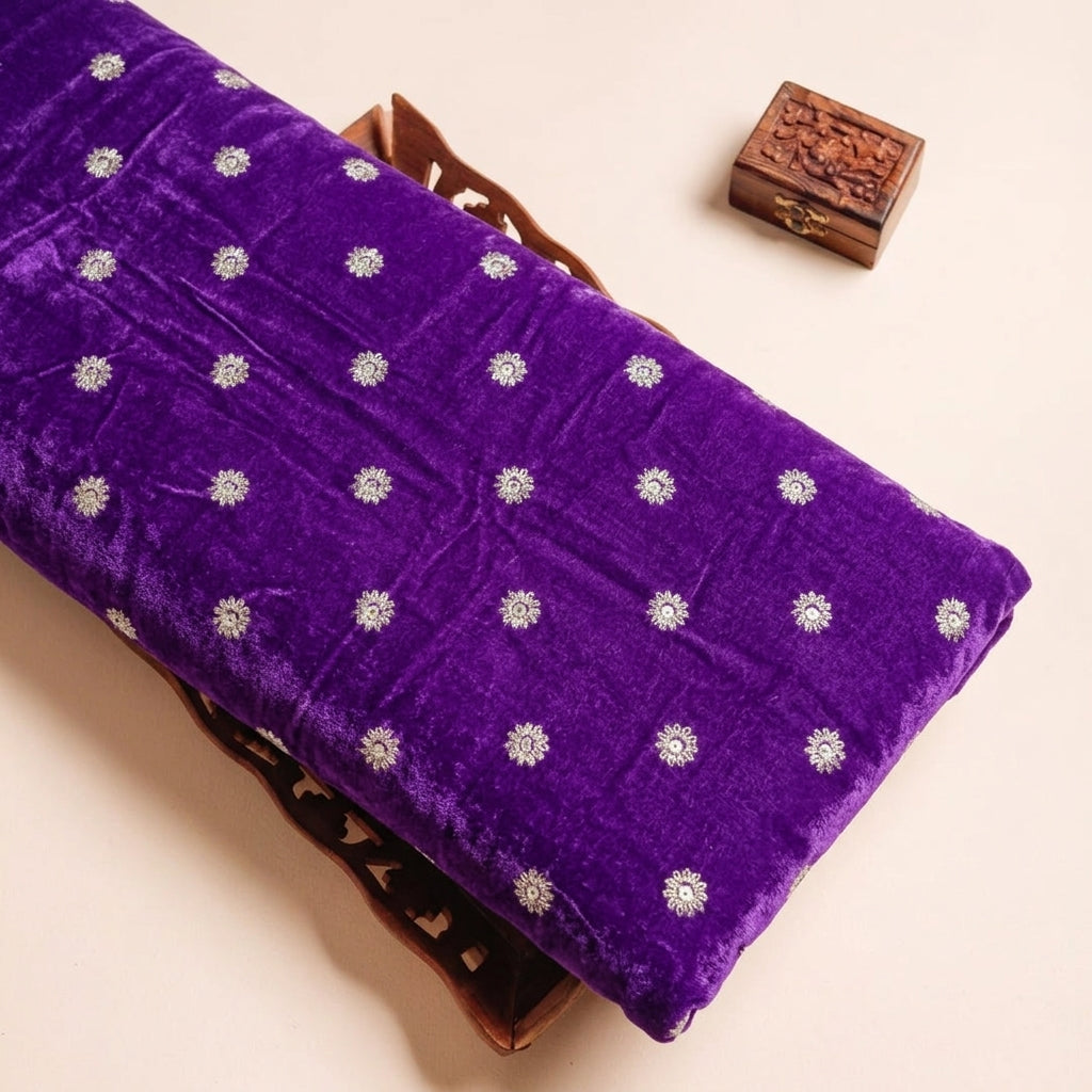 Embroider Violet Embroider Velvet Fabric on a wooden tray