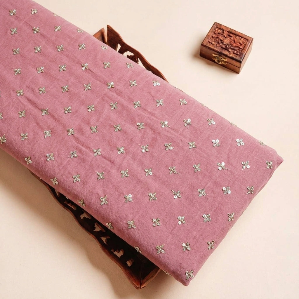 Folded Pink Embroidery Velvet Fabric Highlighting Butta and Texture