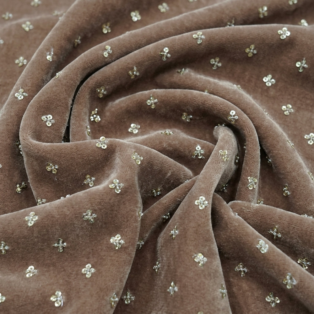 Swirled Embroidery Light Brown Embroidery Velvet Fabric