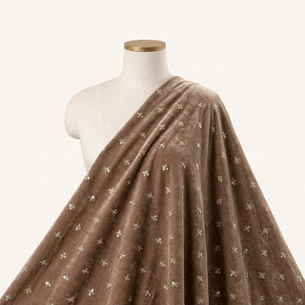 Embroidery Light Brown Embroidery Velvet Fabric Draped as a saree