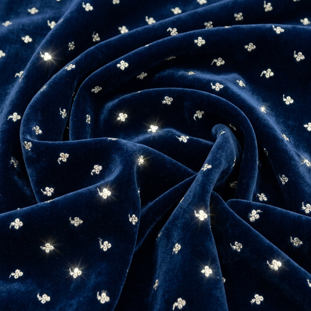 Swirled Embroidery Dark Blue Embroidery Velvet Fabric