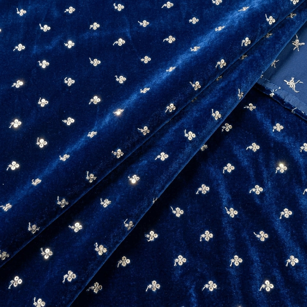 Folded Embroidery Dark Blue Embroidery Velvet Fabric