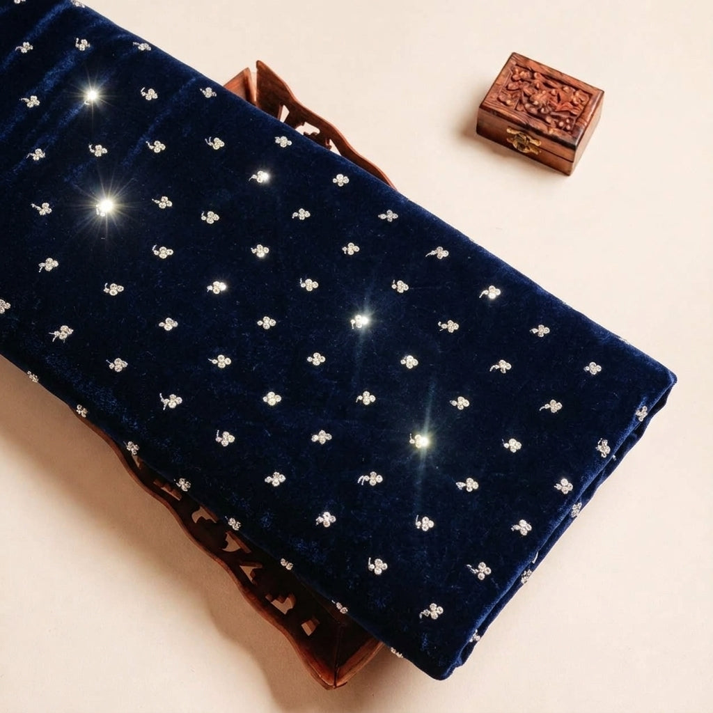 Folded Dark Blue Embroidery Velvet Fabric Highlighting Butta and Texture