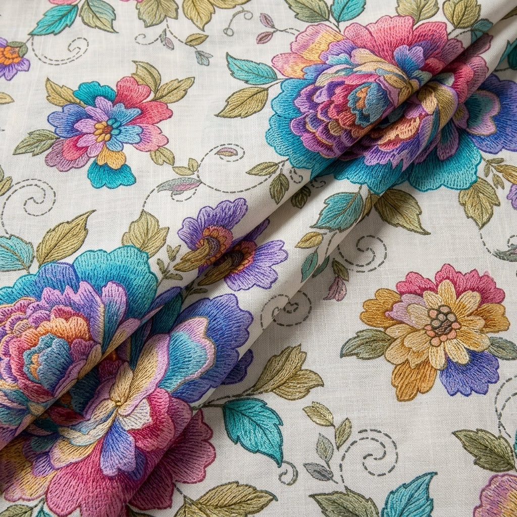 Cream Floral Linen Fabric - EA4474