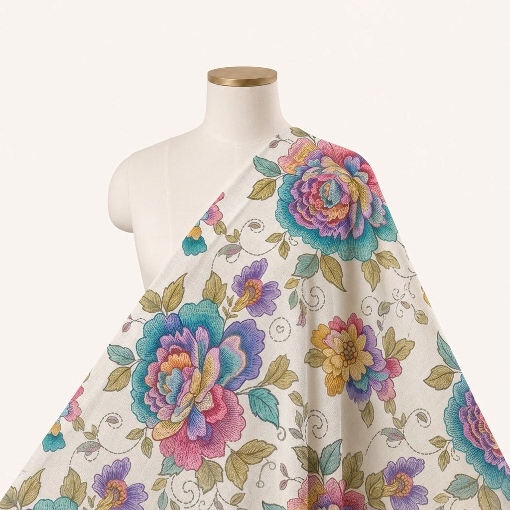 Cream Floral Linen Fabric - EA4474