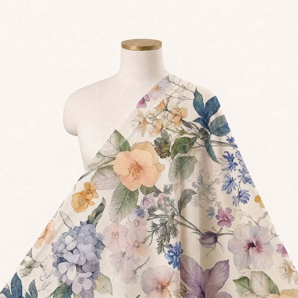 Cream Floral Linen Fabric - EA4475