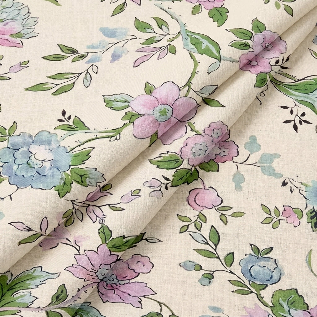 Cream Floral Linen Fabric - EA4479