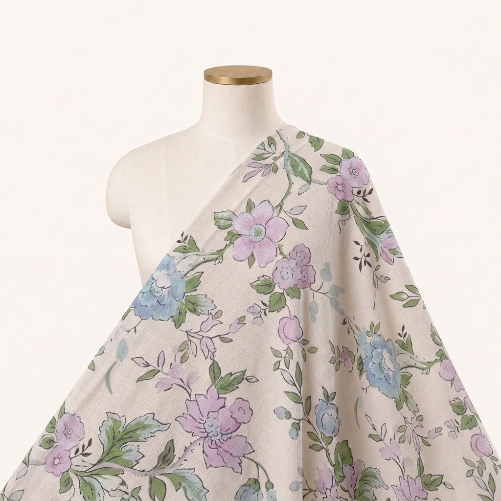 Cream Floral Linen Fabric - EA4479