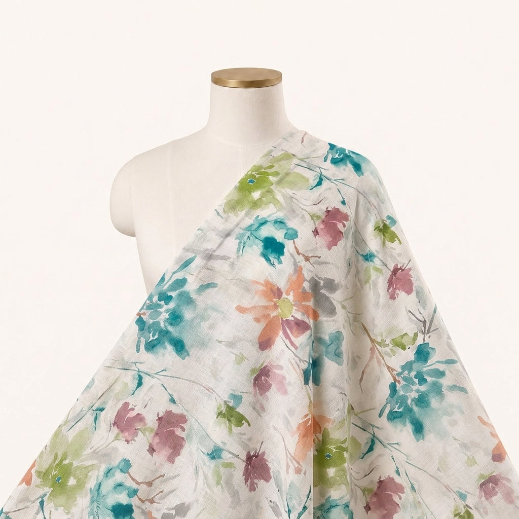 Cream Floral Linen Fabric - EA4482