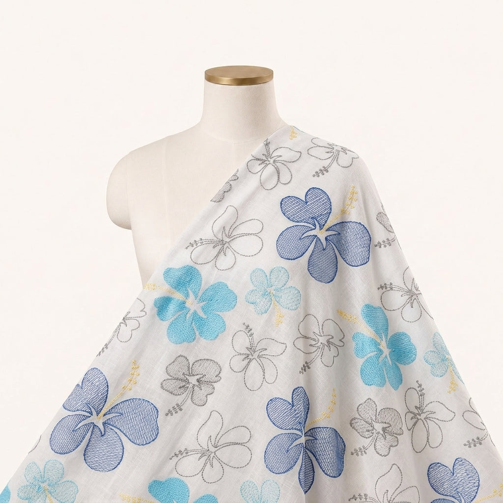 Embroidery Blue Embroidery Cotton Fabric Draped as a saree