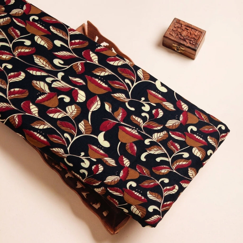 Floral Black Floral Cotton Fabric on a wooden tray