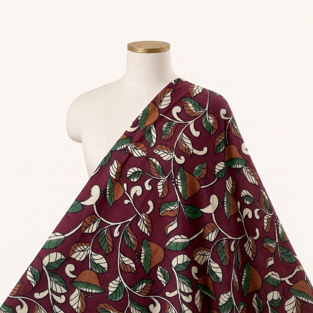 Floral Maroon Floral Cotton Fabric Draped as a saree
