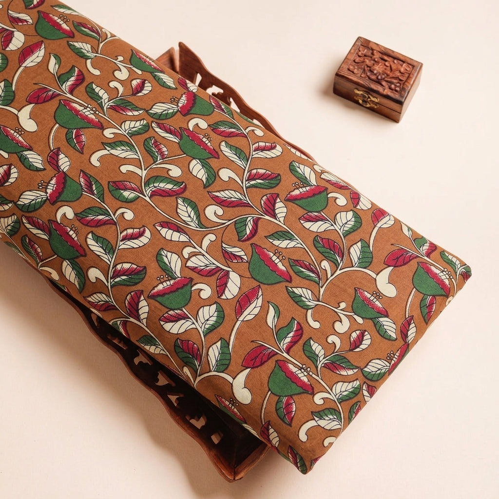Floral Mustard Yellow Floral Cotton Fabric on a wooden tray