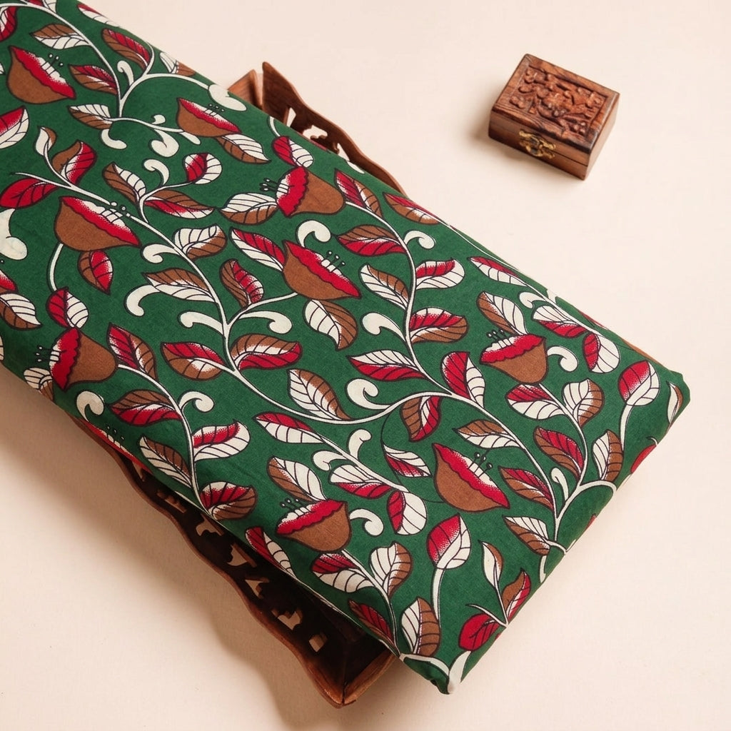Floral Green Floral Cotton Fabric on a wooden tray