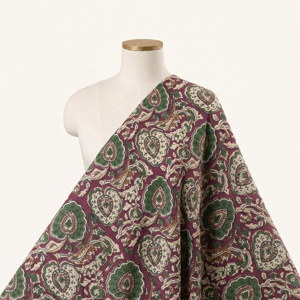 Paisley Wine Paisley Cotton Fabric Draped as a saree