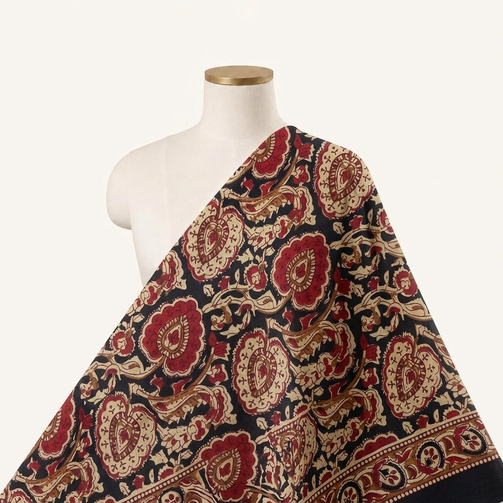 Paisley Black Paisley Cotton Fabric Draped as a saree