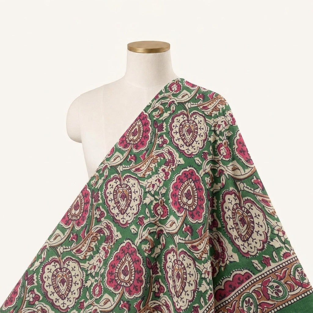Paisley Green Paisley Cotton Fabric Draped as a saree