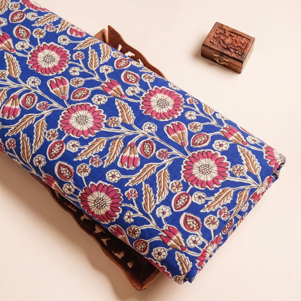 Floral Blue Floral Cotton Fabric on a wooden tray