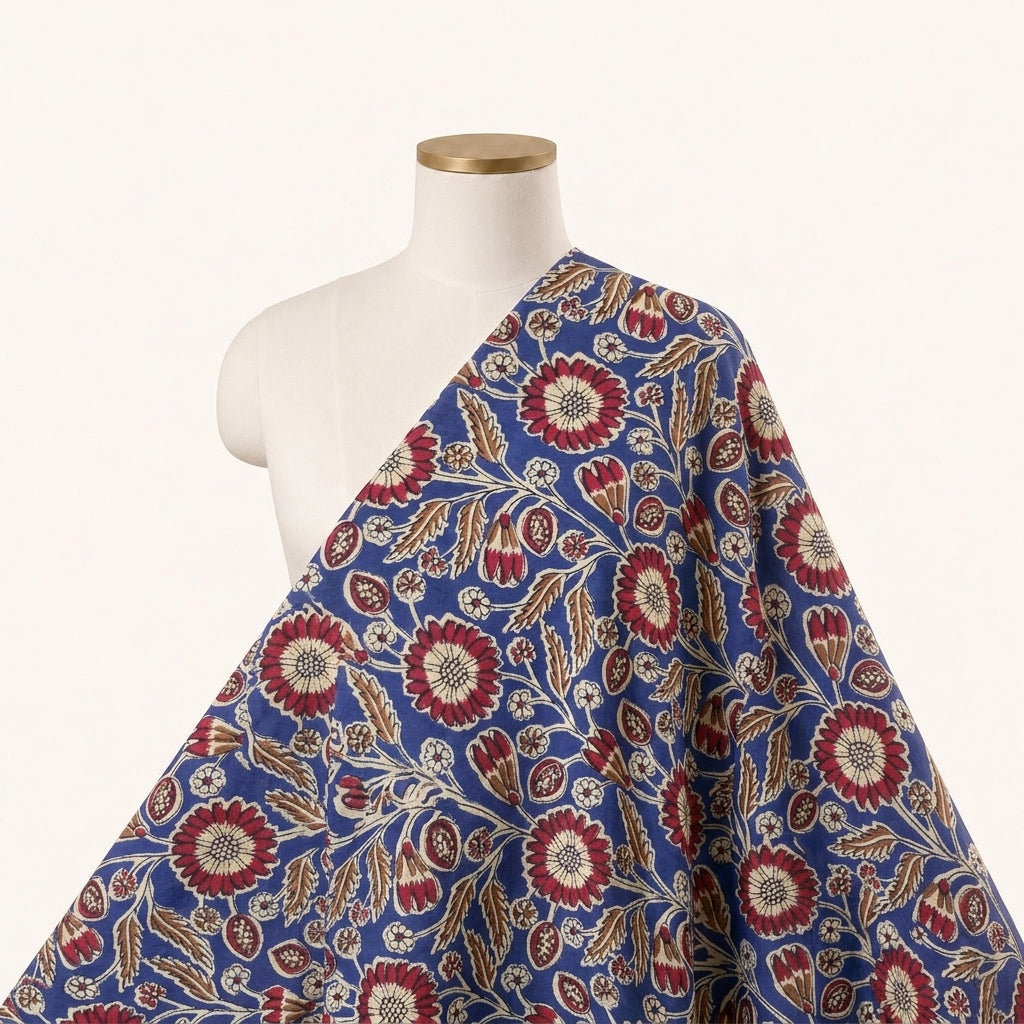 Floral Blue Floral Cotton Fabric Draped as a saree