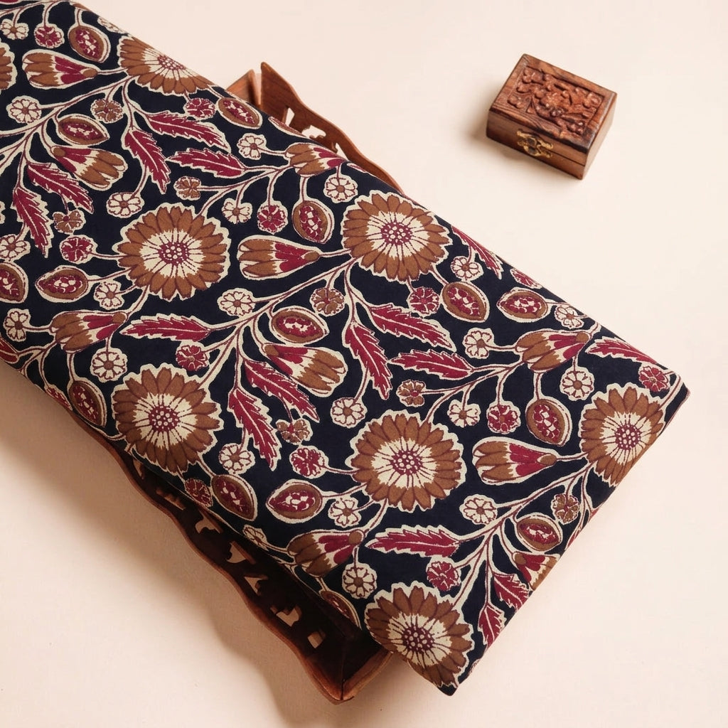 Floral Black Floral Cotton Fabric on a wooden tray