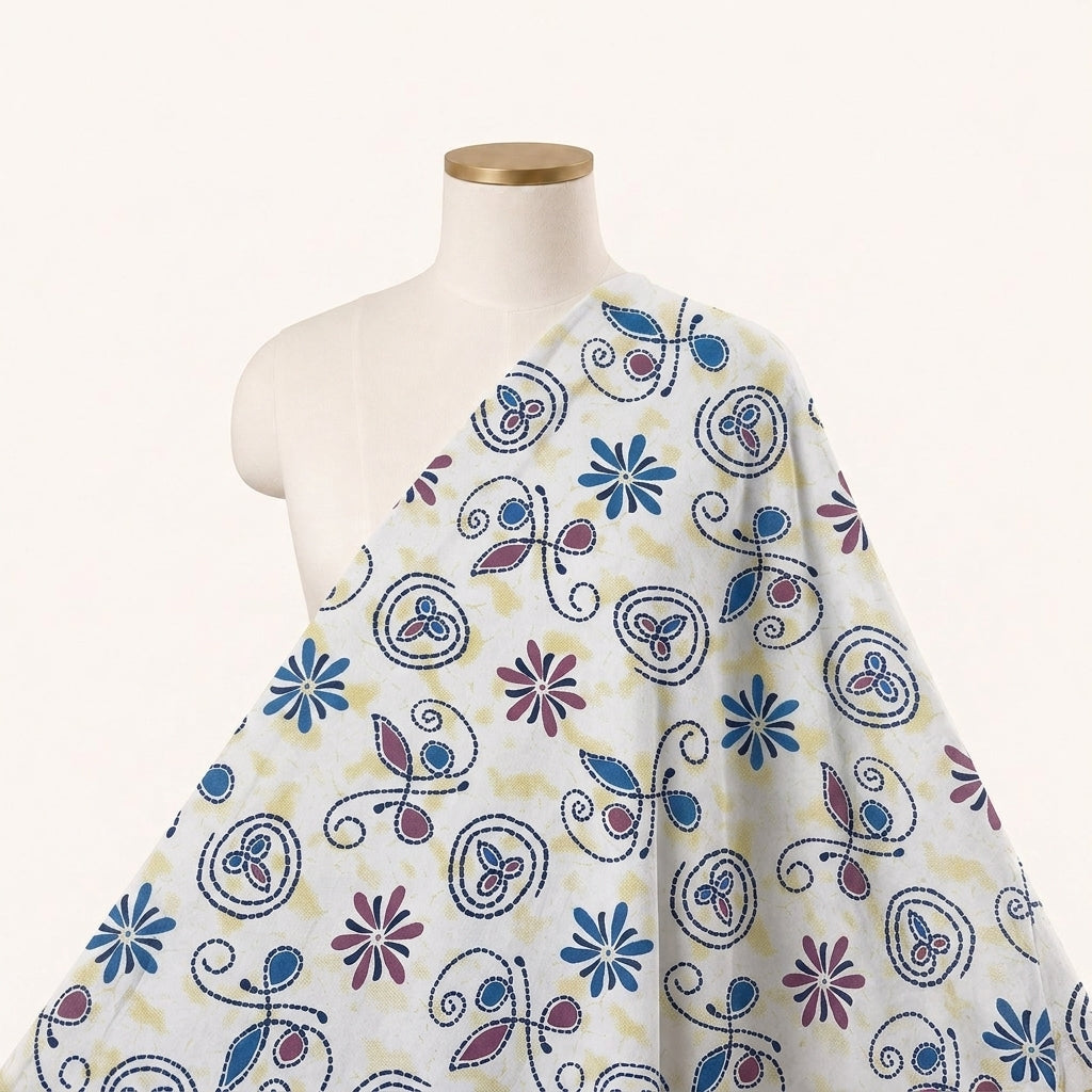 Floral Cream Floral Cotton Fabric Draped as a saree