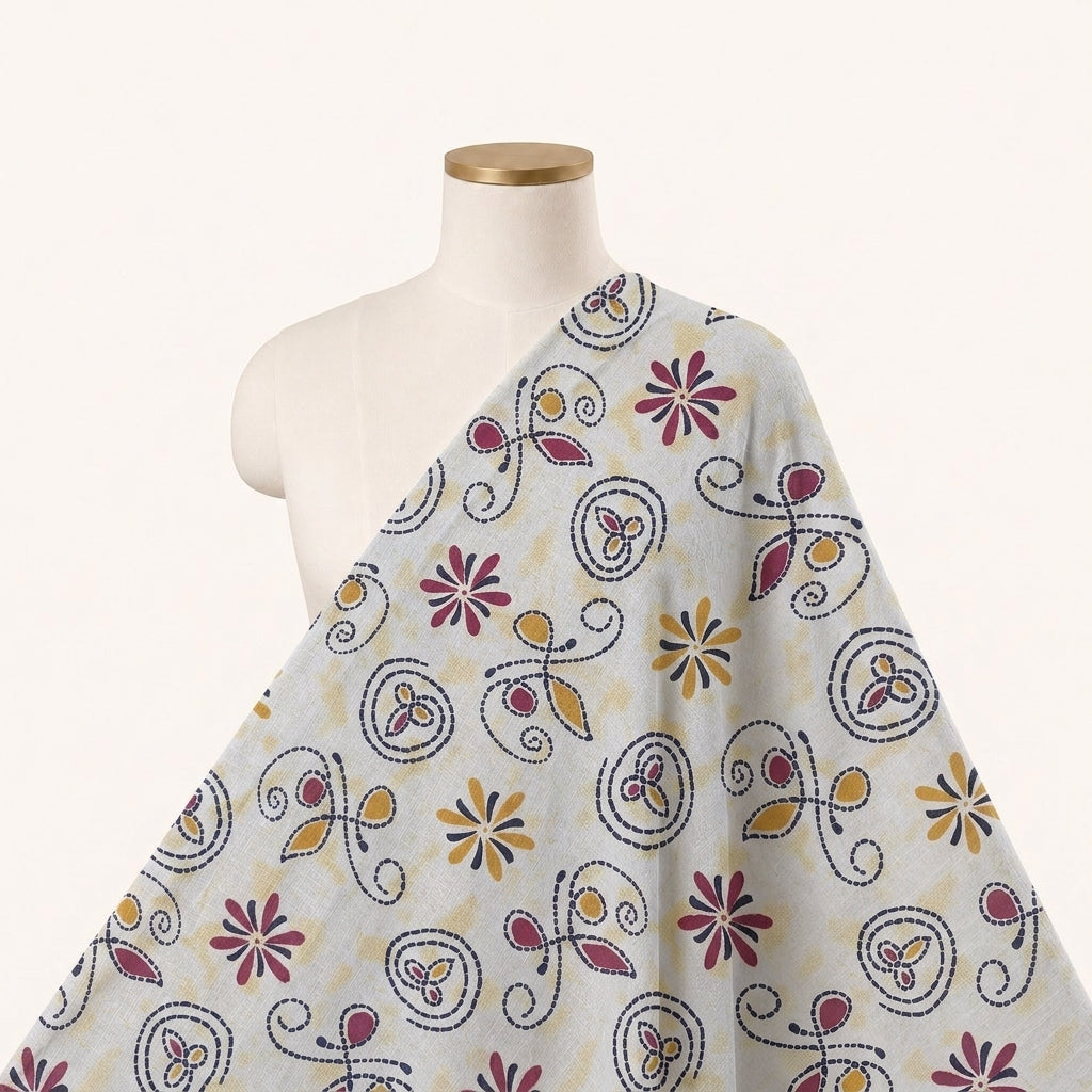 Floral Cream Floral Cotton Fabric Draped as a saree