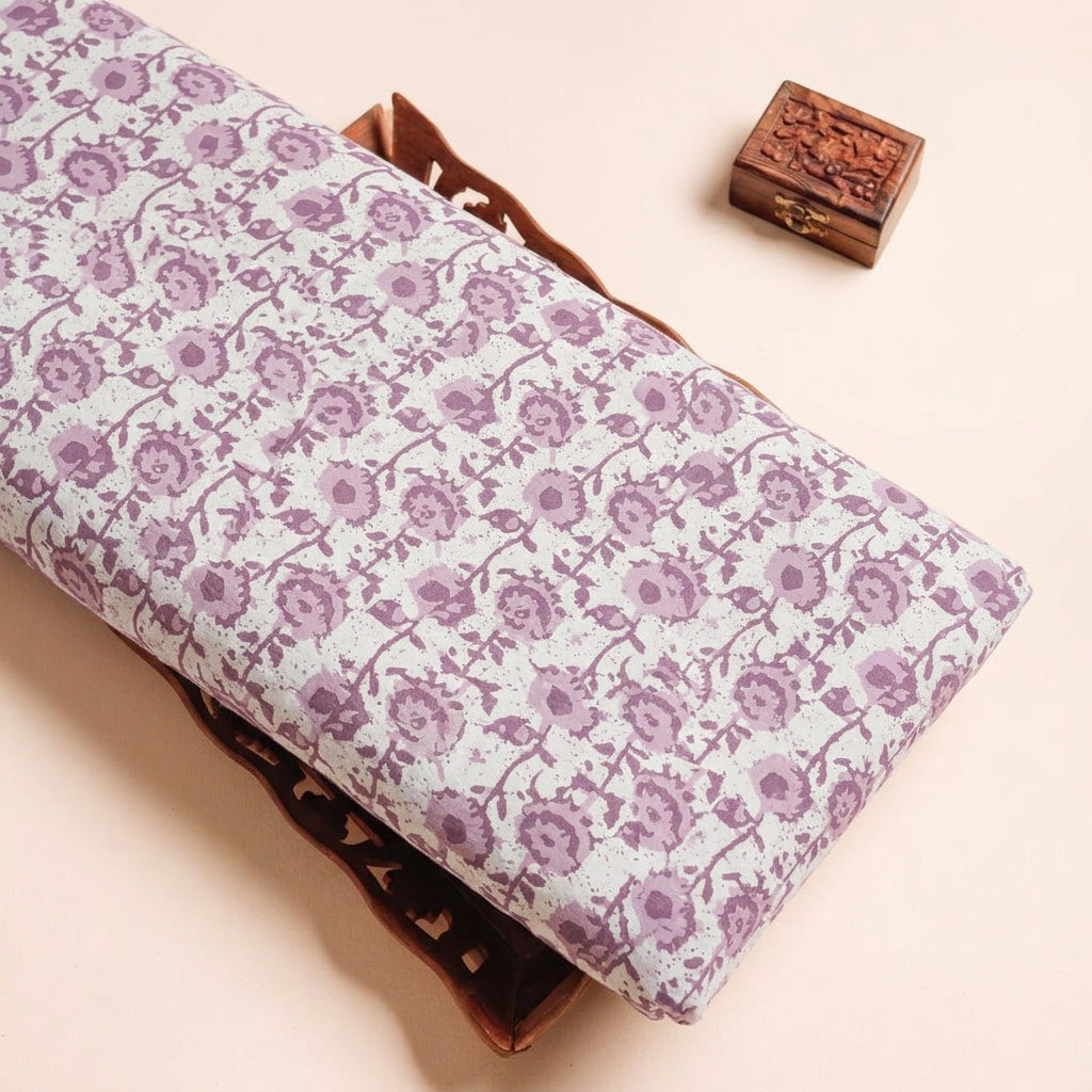 Block Print / Floral Cream Block Print / Floral Cotton Fabric on a wooden tray