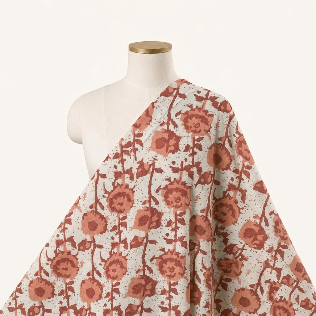 Floral Orange Floral Cotton Fabric Draped as a saree