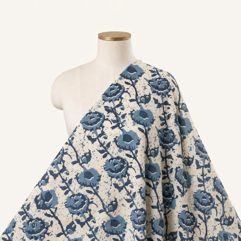 Floral Blue Floral Cotton Fabric Draped as a saree