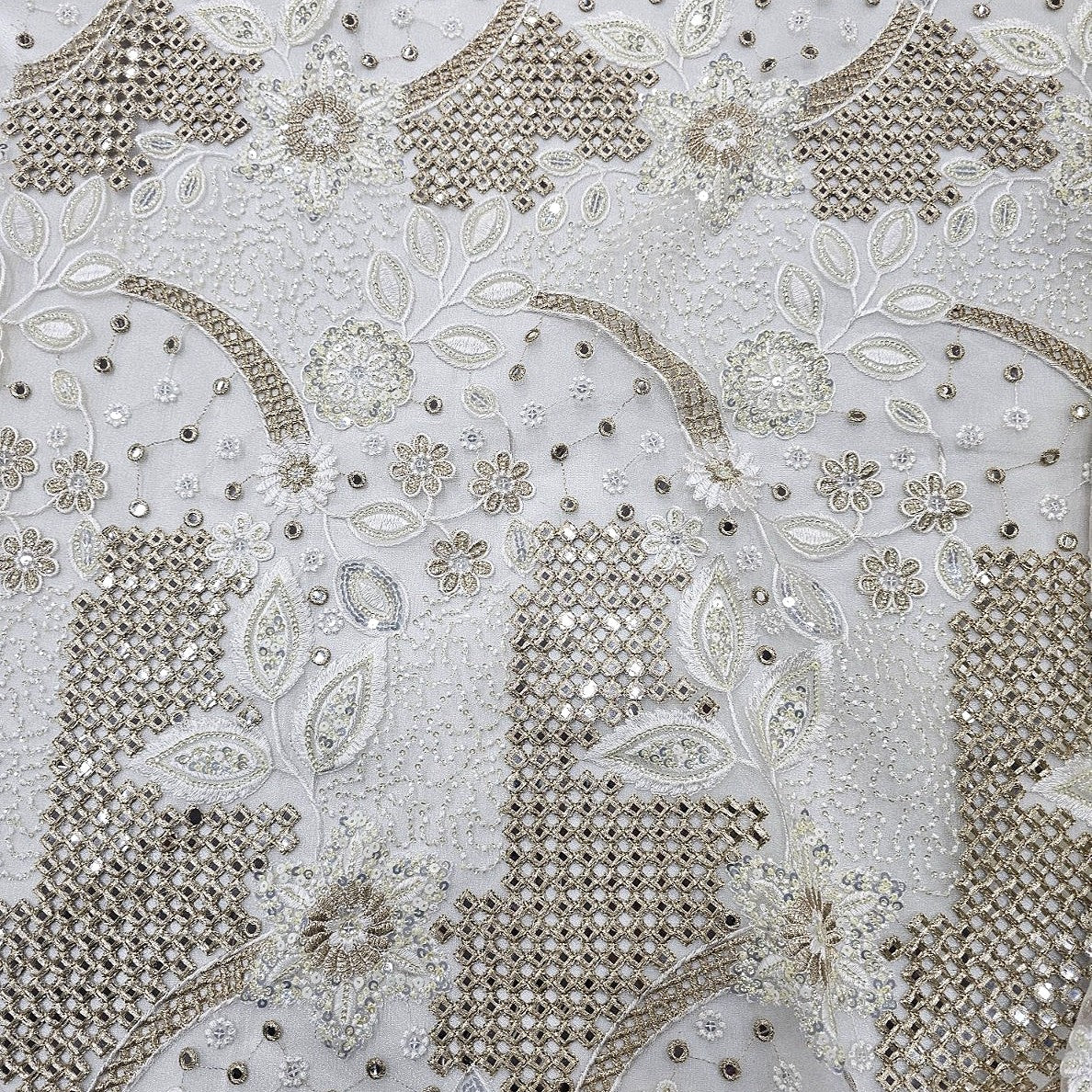 White Embroidery Net Fabric, laid flat