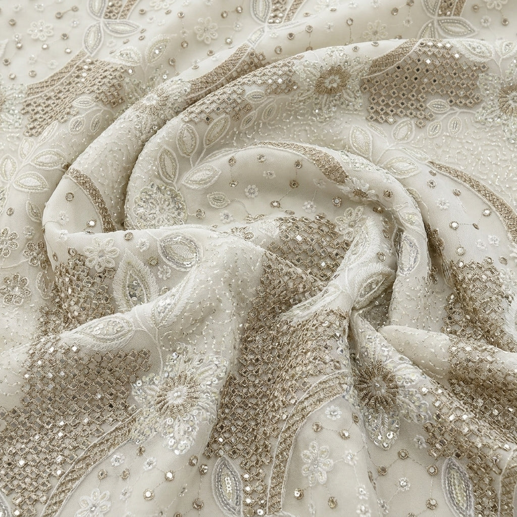 Swirled White Embroidery Net Fabric Showing Floral Mirror Work Stone and Drape