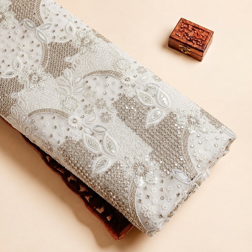 White Embroidery Net Fabric with Floral Mirror Work Stone