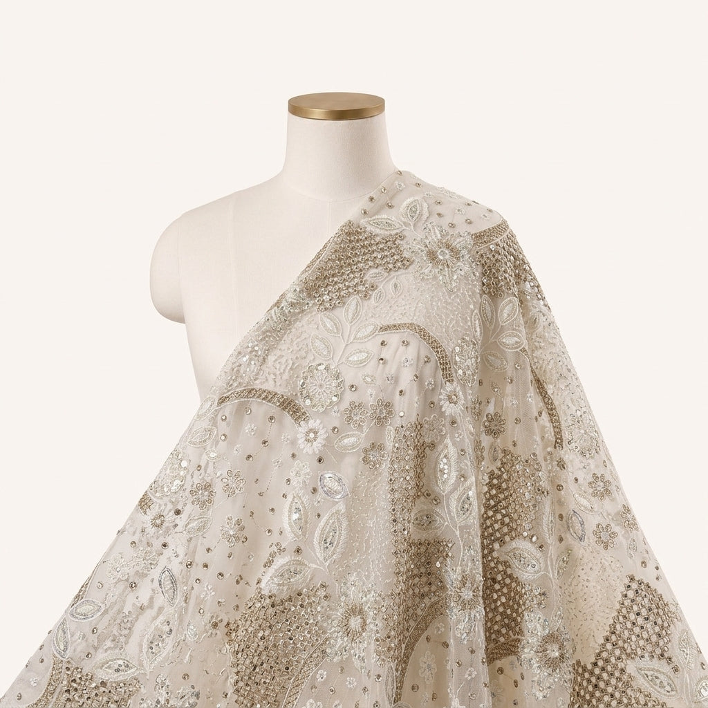 White Embroidery Net Fabric Draped as a saree