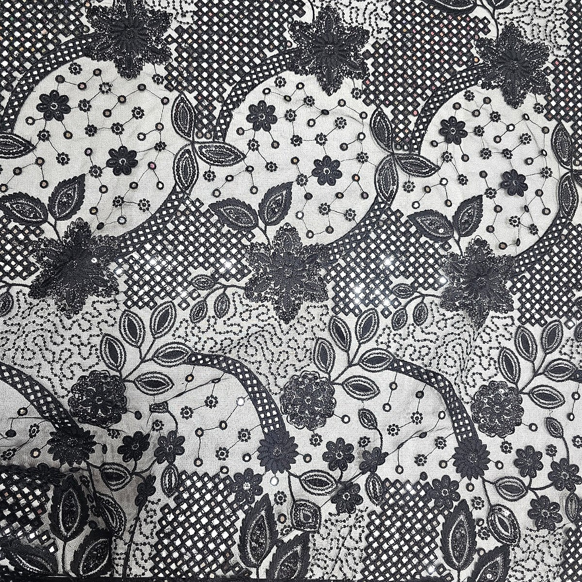 Black Embroidery Net Fabric, laid flat