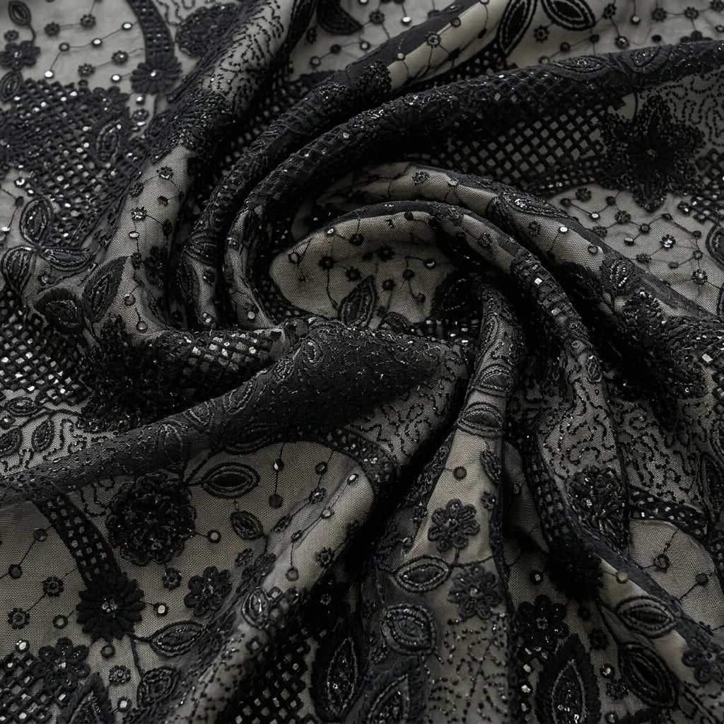 Swirled Black Embroidery Net Fabric Showing Floral Mirror Work Stone and Drape