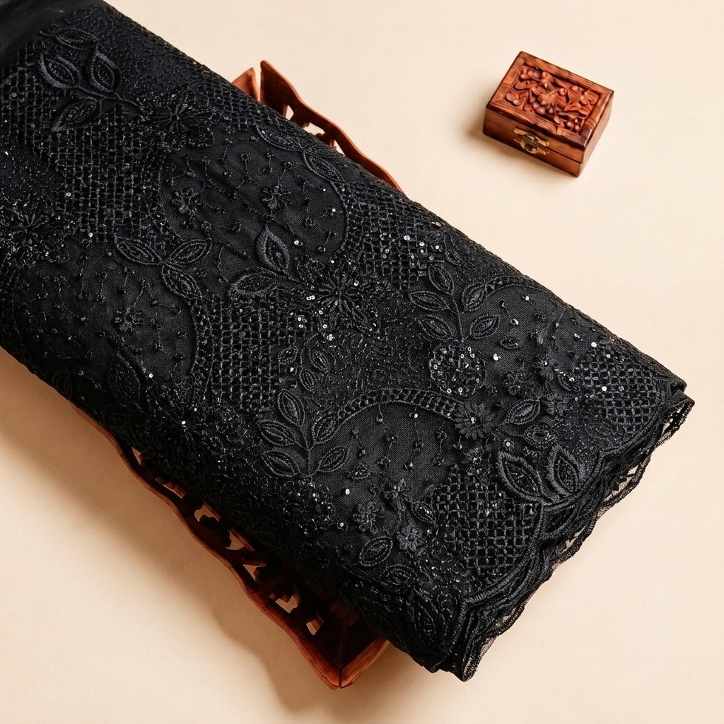 Black Embroidery Net Fabric with Floral Mirror Work Stone