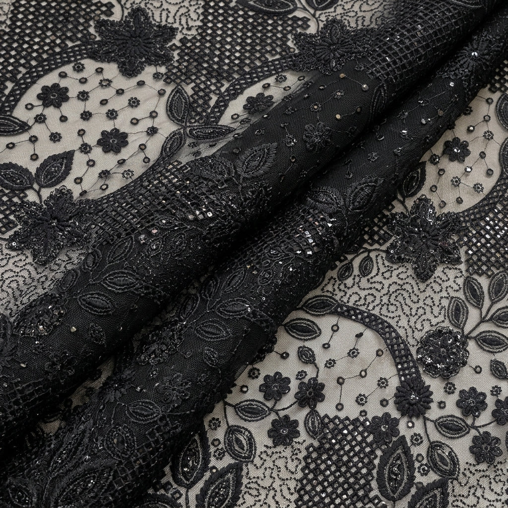 Folded Black Embroidery Net Fabric