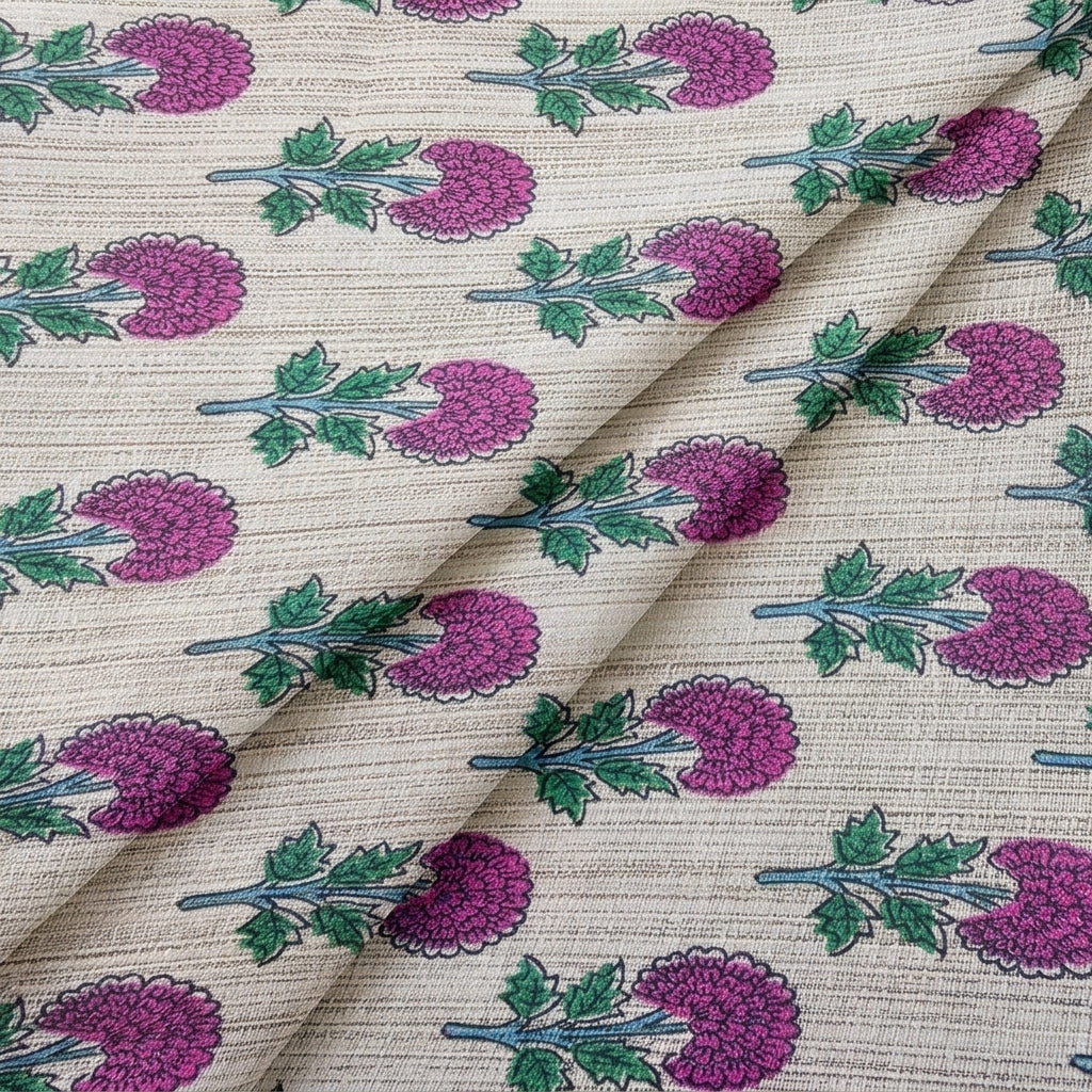 Beige Floral Raw Silk Fabric - EA4599