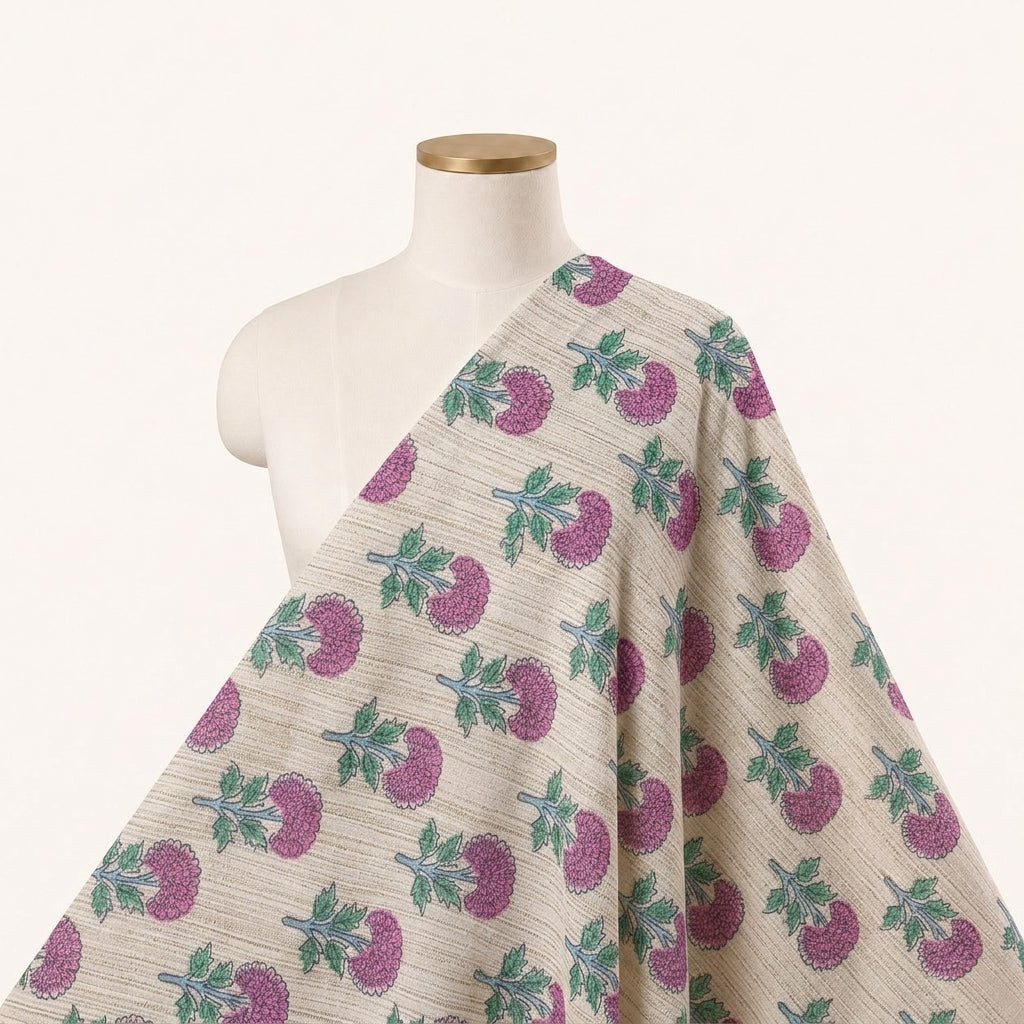 Beige Floral Raw Silk Fabric - EA4599