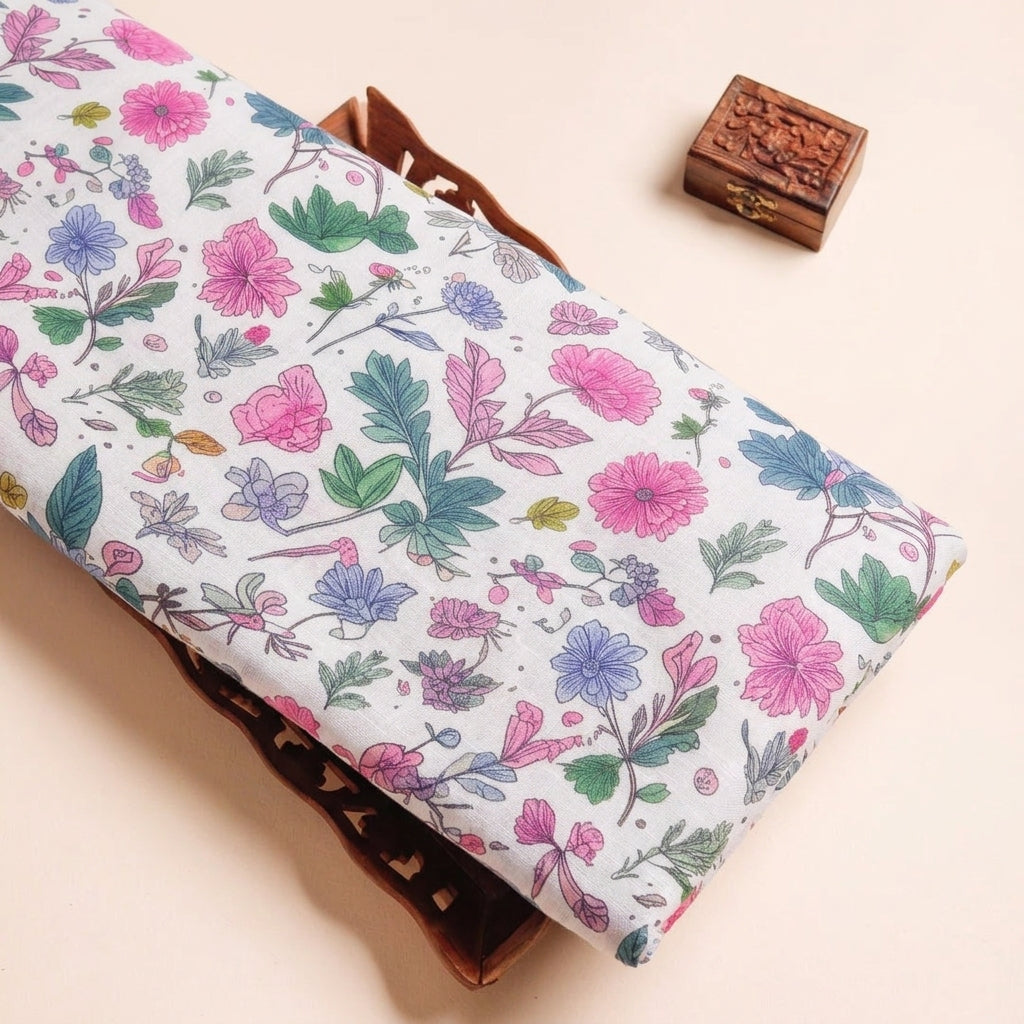 Cream Floral Linen Fabric