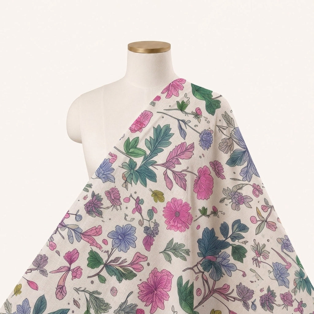 Cream Floral Linen Fabric