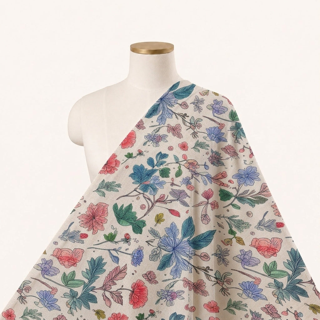 Cream Floral Linen Fabric