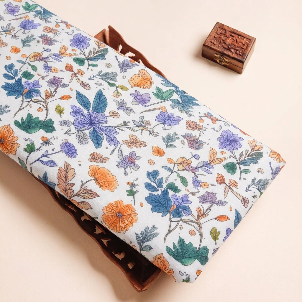 Cream Floral Linen Fabric