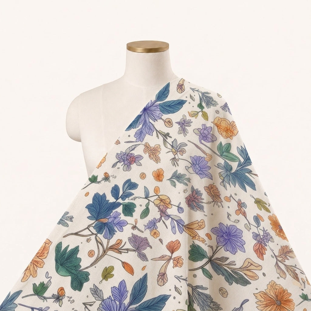 Cream Floral Linen Fabric