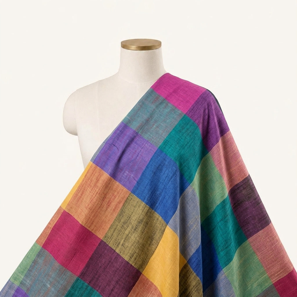 Checked Multicolor Checked Cotton Fabric Draped as a saree