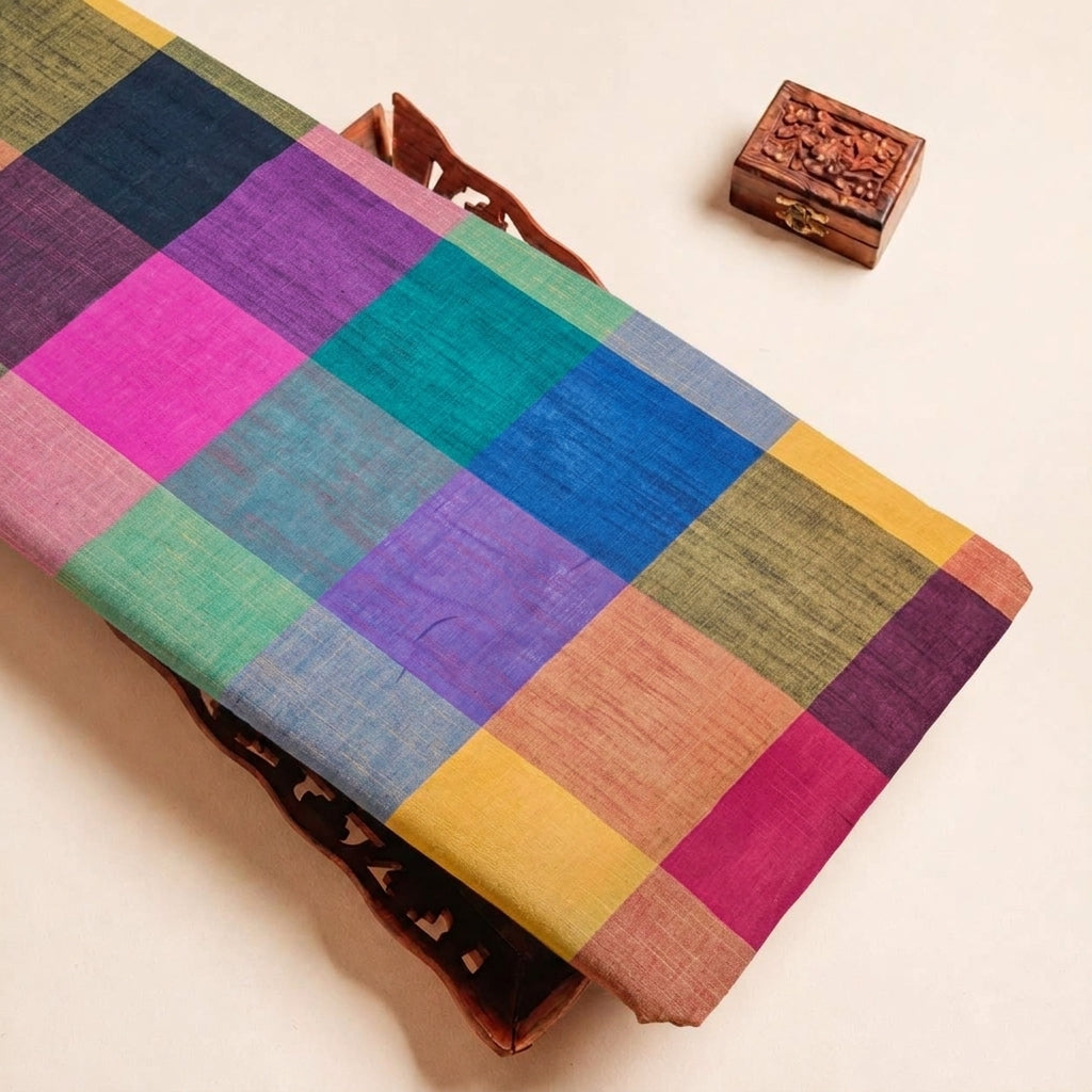 Folded Multicolor Checked Cotton Fabric Highlighting and Texture