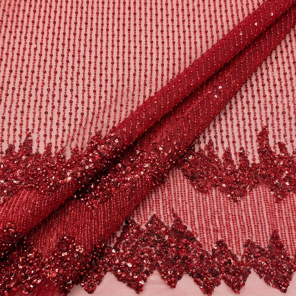 Folded Embroidery Red Embroidery Net Fabric
