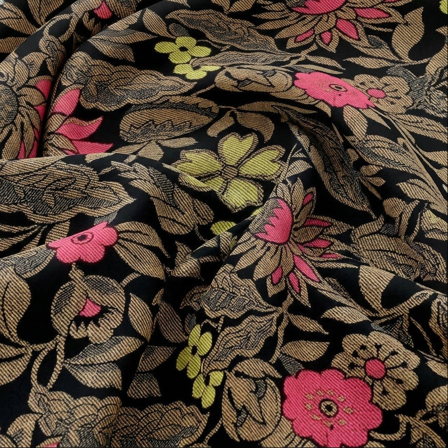 Swirled Black Floral Satin Fabric Showing Drape