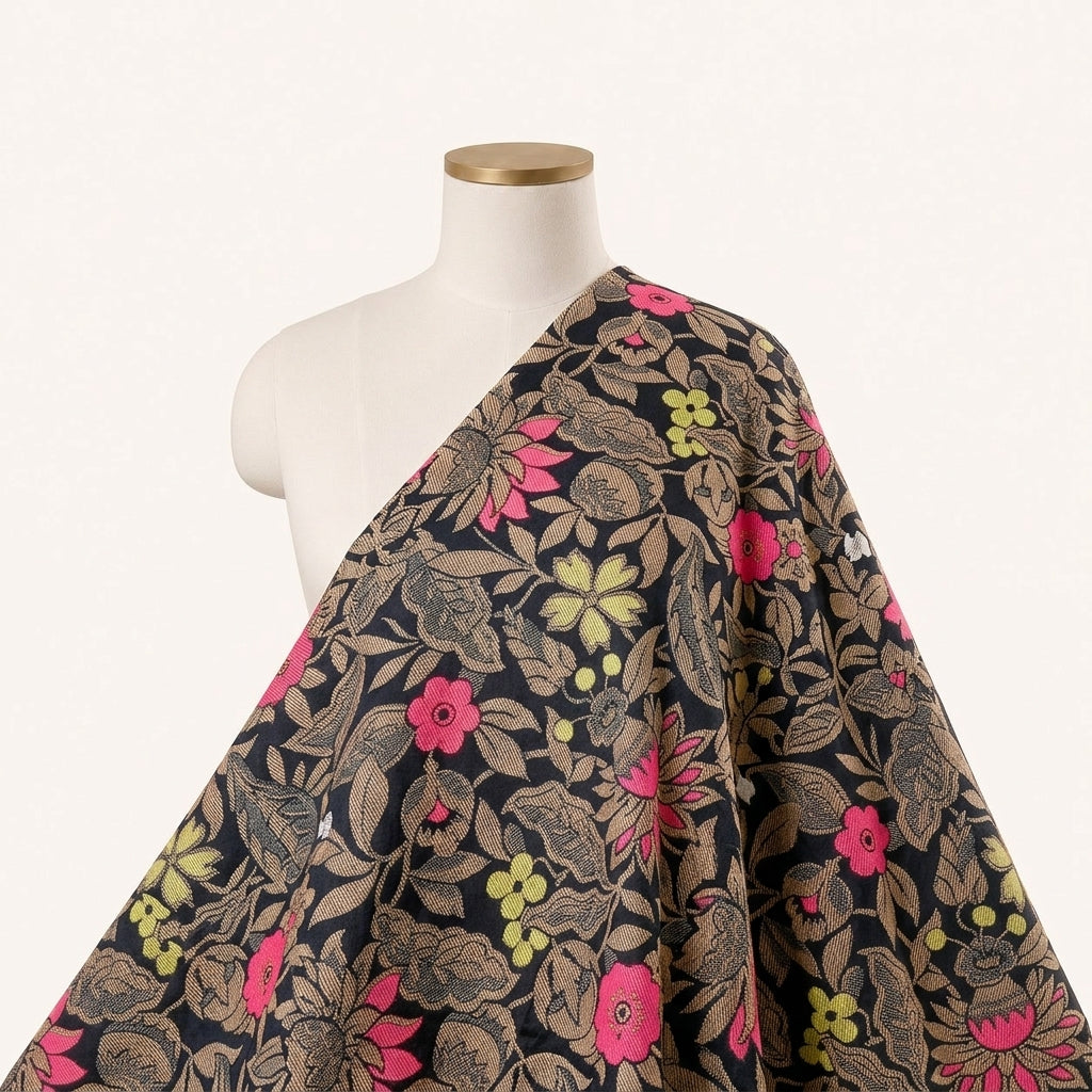Black Floral Satin Fabric Draped as a saree