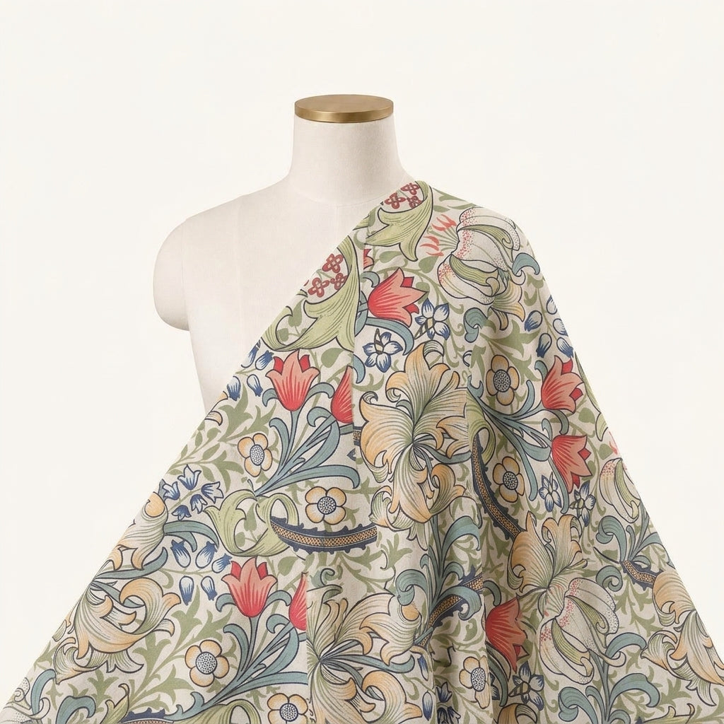 Floral Light Green Floral Satin Fabric Draped as a saree